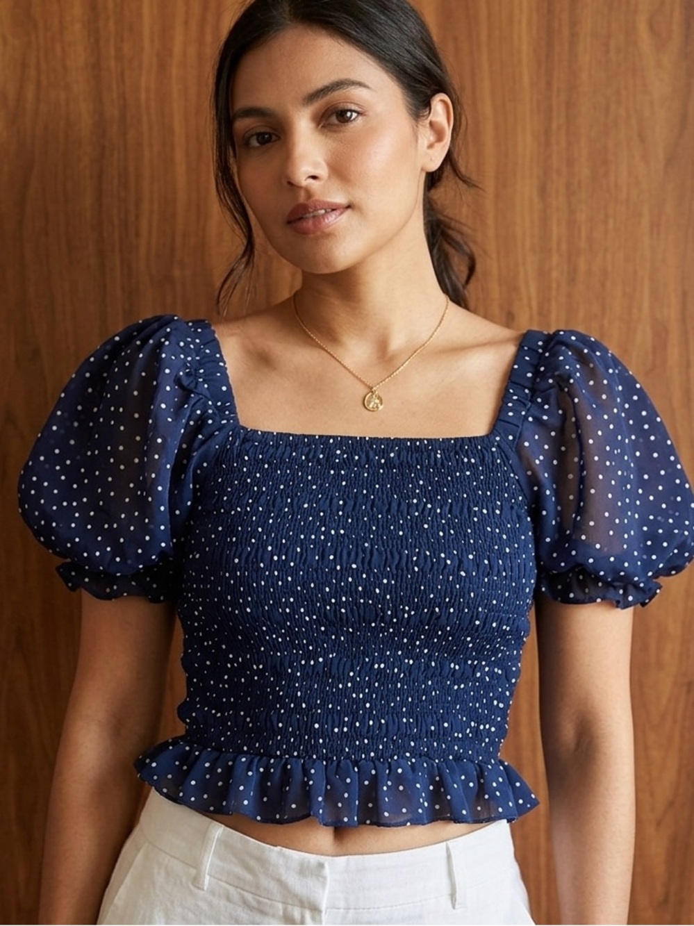 BCX Navy Blue Polka Dot Smocked Crop Top Puff Sleeve Size M